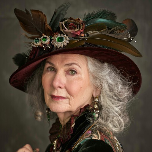 Woman over 70 with feathered Hat Over Soft Gray Waves — church and Sunday hairstyle for women over 70