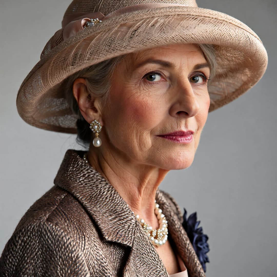 Woman over 70 with natural Straw Hat with Pearls — church and Sunday hairstyle for women over 70