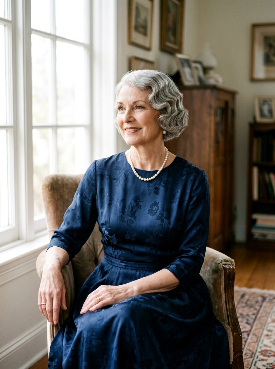 Woman over 70 with classic Set Curls with a Pearl Necklace — church and Sunday hairstyle for women over 70