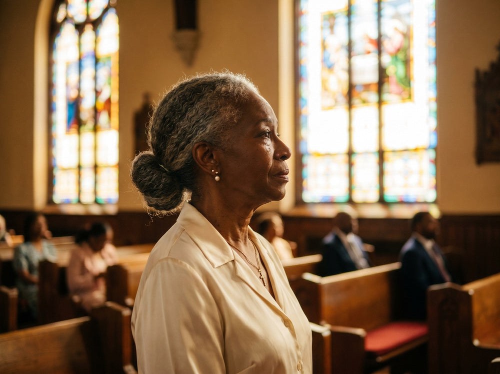 Woman over 70 with quiet Low Bun for the Sanctuary — church and Sunday hairstyle for women over 70