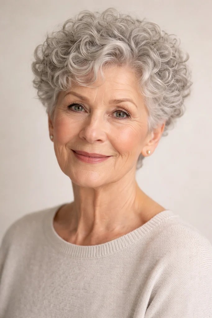 Woman over 70 with gentle Curly Set for Sunday Morning — church and Sunday hairstyle for women over 70