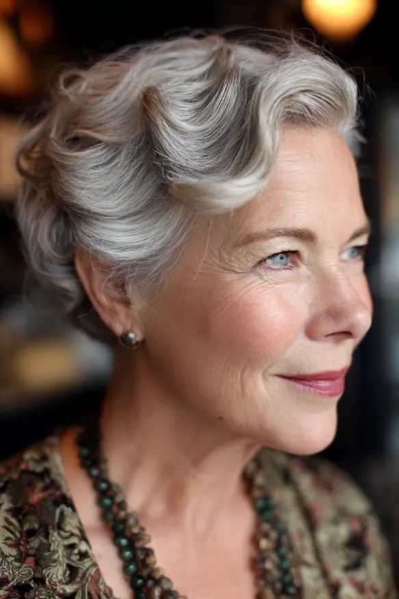 Woman over 70 with silver Finger Waves for Sunday — church and Sunday hairstyle for women over 70