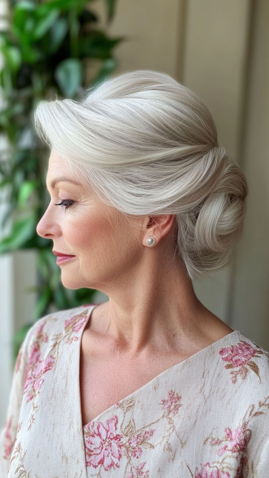 Woman over 70 with white Updo with a Gentle Sweep — church and Sunday hairstyle for women over 70