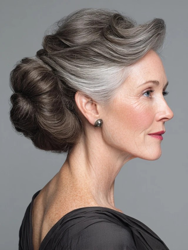Woman over 70 with polished Dark-Silver Updo — church and Sunday hairstyle for women over 70