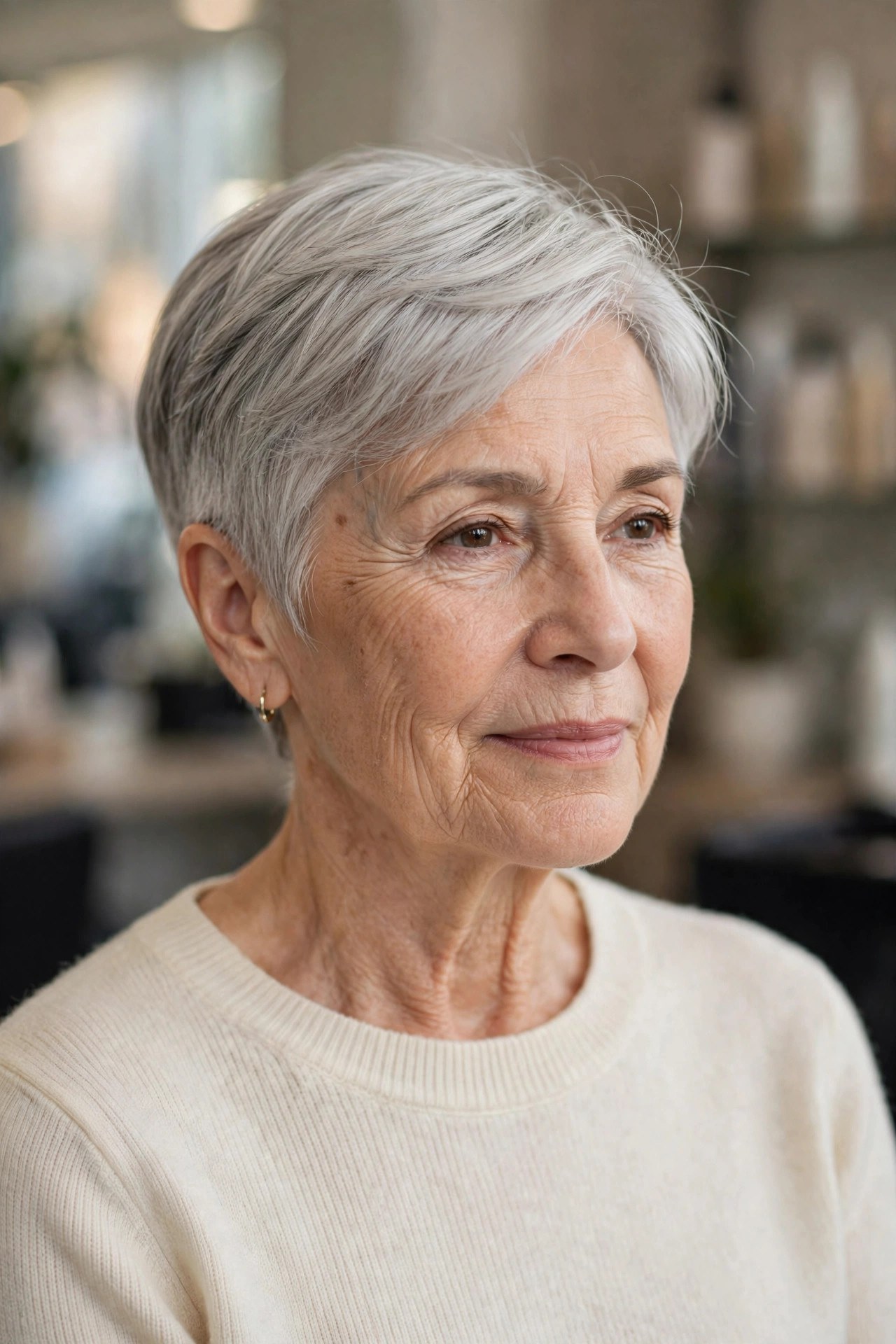 Soft Silver Pixie - classy haircut for a woman over 60 with effortless style