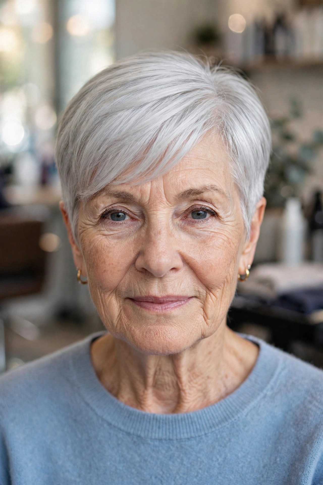 Sleek Silver Crop With Longer Top - classy haircut for a woman over 60 with effortless style