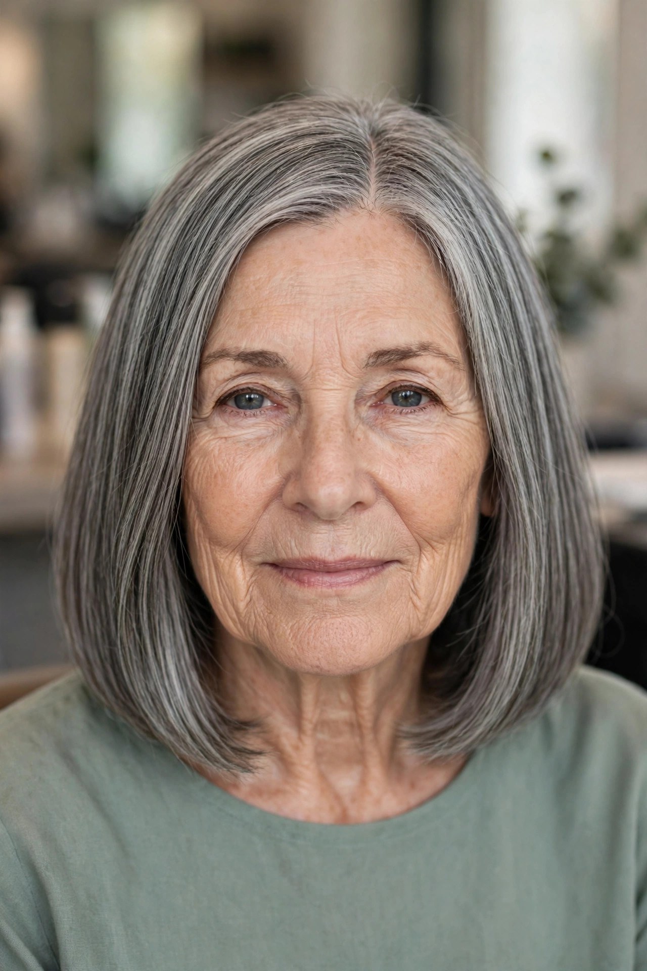 Smooth Shoulder-Length Lob - classy haircut for a woman over 60 with effortless style