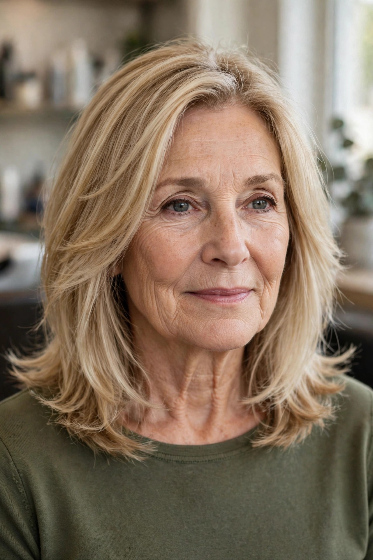 Collarbone Cut with Feathered Ends - collarbone length hairstyle for a woman over 50