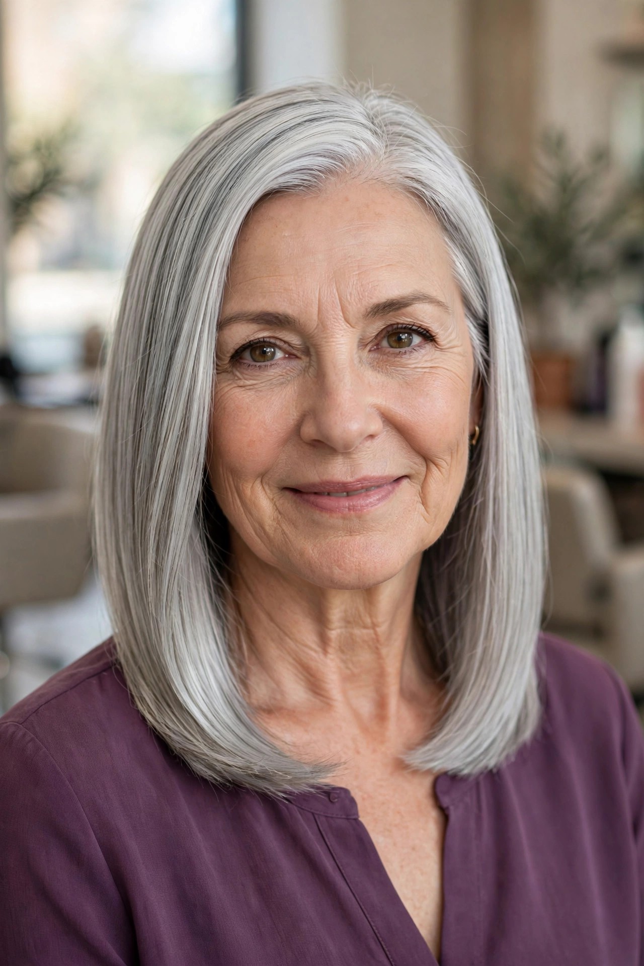 Silver Collarbone Lob - collarbone length hairstyle for a woman over 50