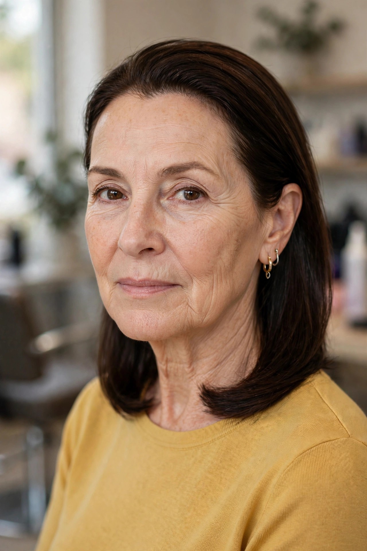 Tucked-Behind-Ear Polished Lob - collarbone length hairstyle for a woman over 50
