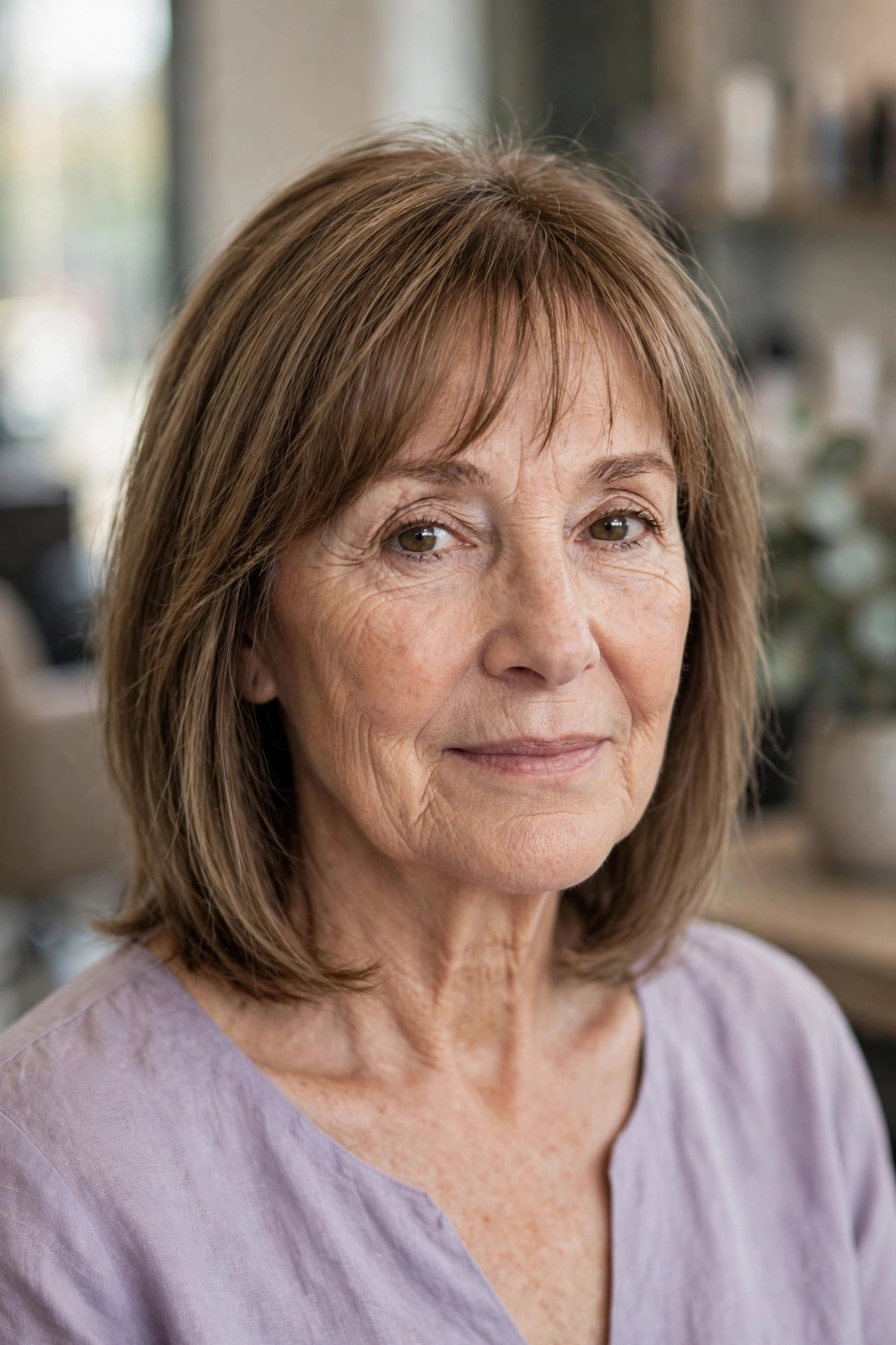 Collarbone Cut with Wispy Bangs - collarbone length hairstyle for a woman over 50