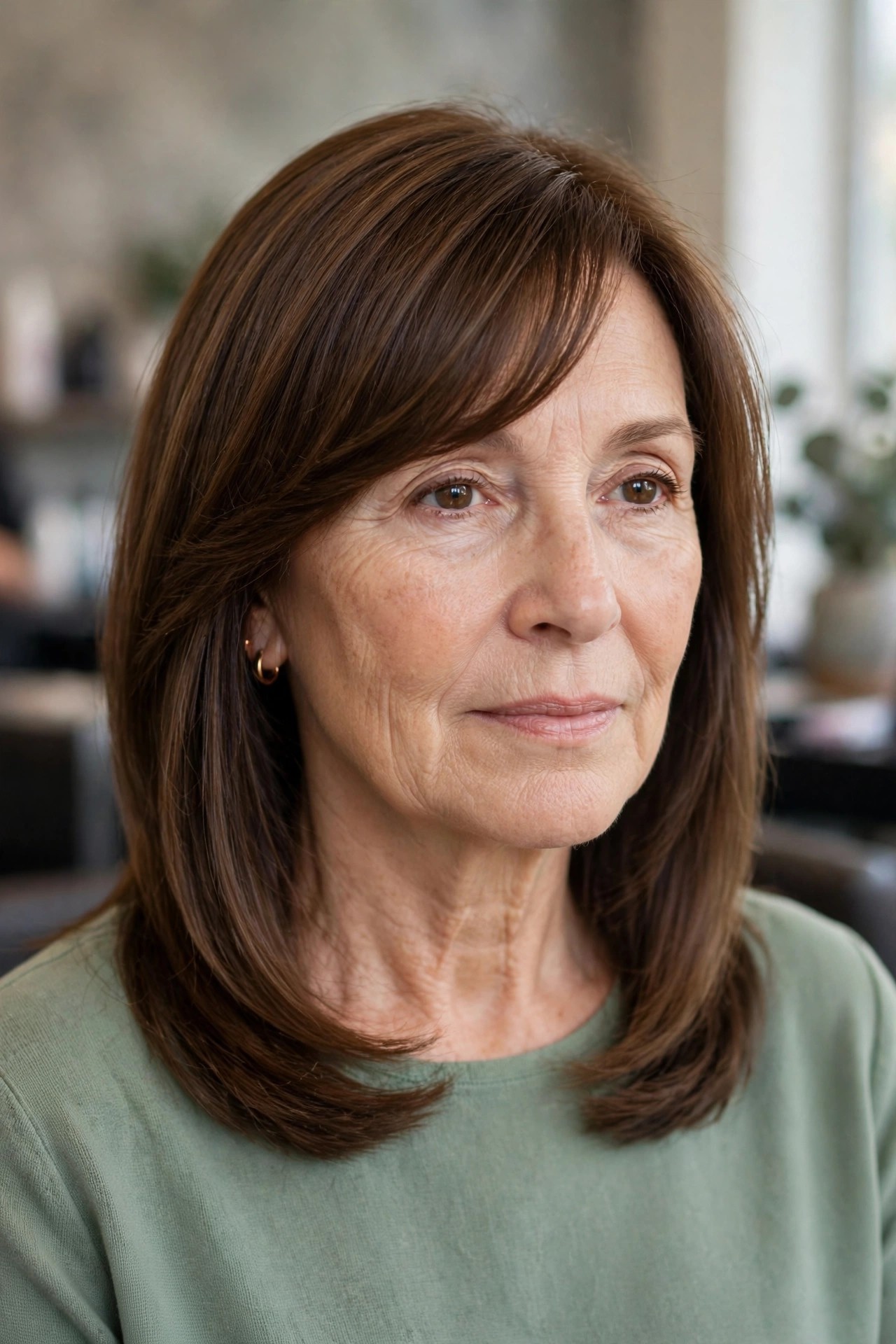 Collarbone Style with a Side-Swept Fringe - collarbone length hairstyle for a woman over 50