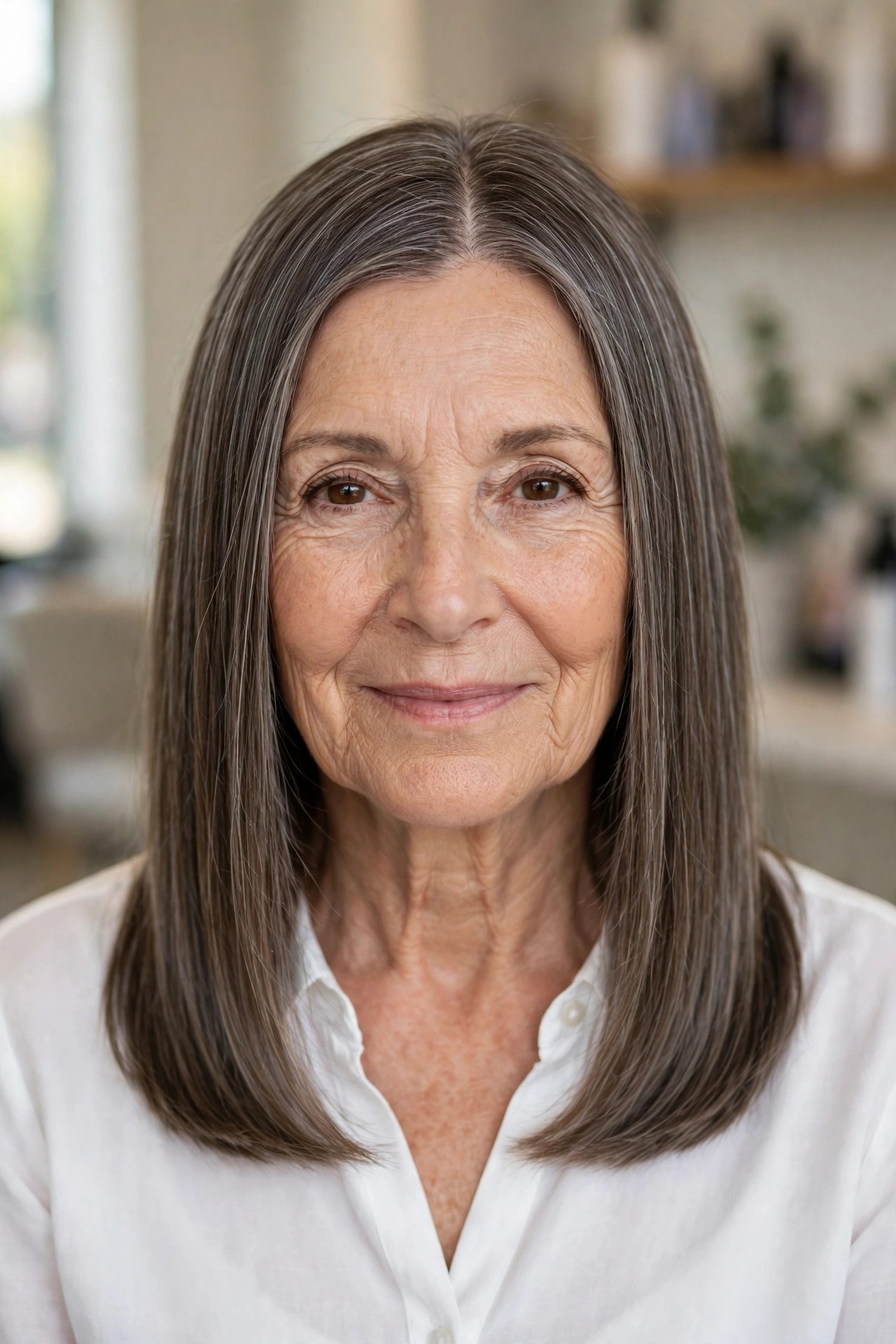 Center-Part Polished Collarbone Lob - collarbone length hairstyle for a woman over 50