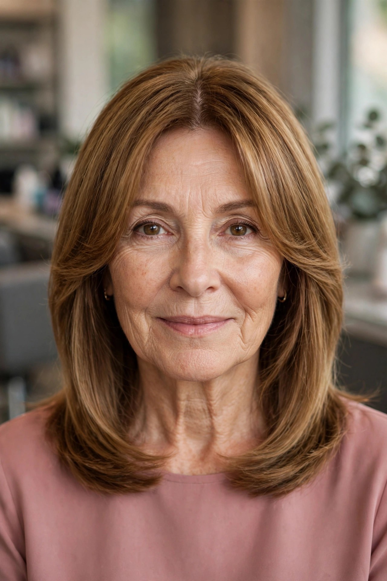 Collarbone Cut with Curtain Bangs - collarbone length hairstyle for a woman over 50