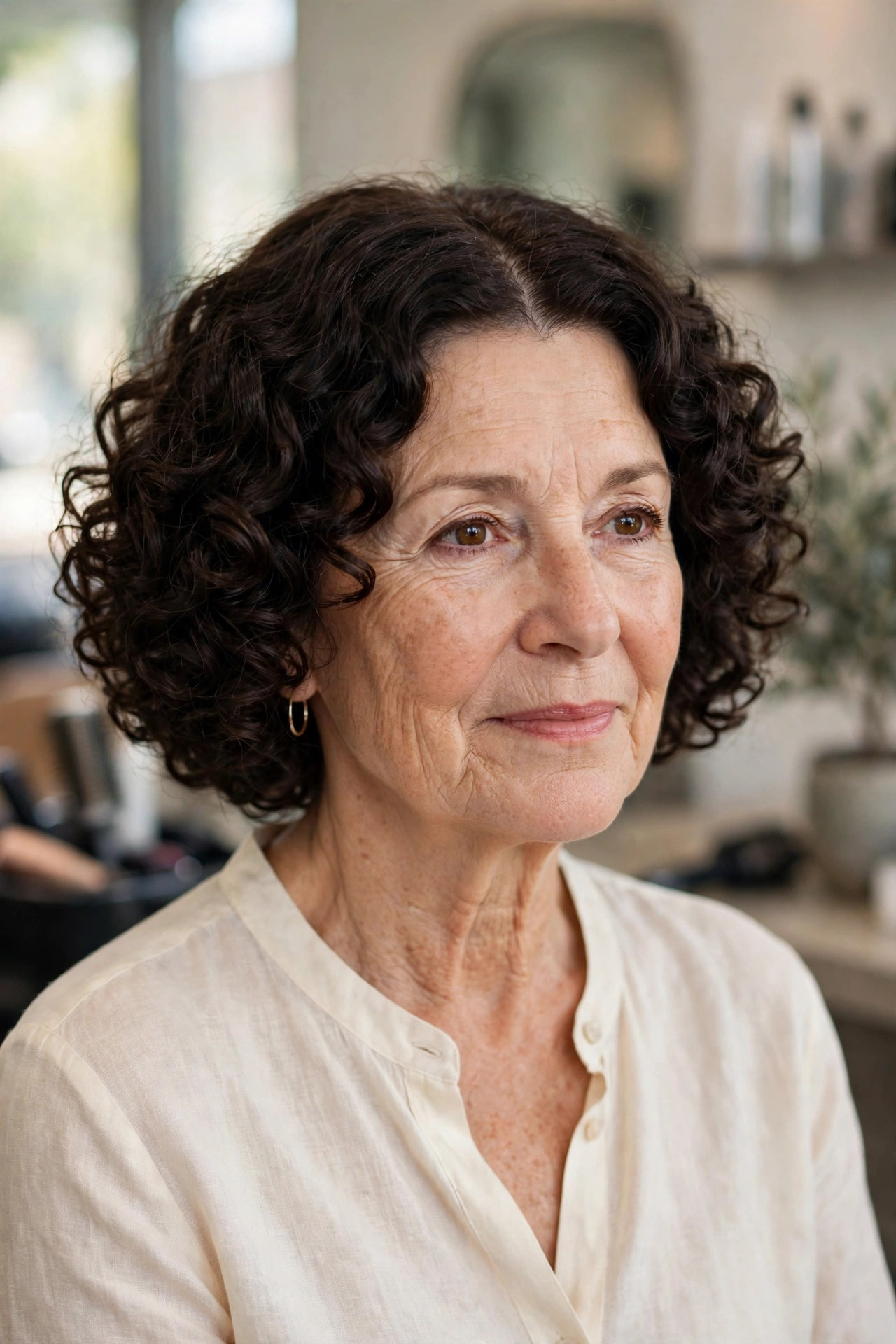 Classic Rounded Curly Bob - curly bob hairstyle for a woman over 50 with defined curls