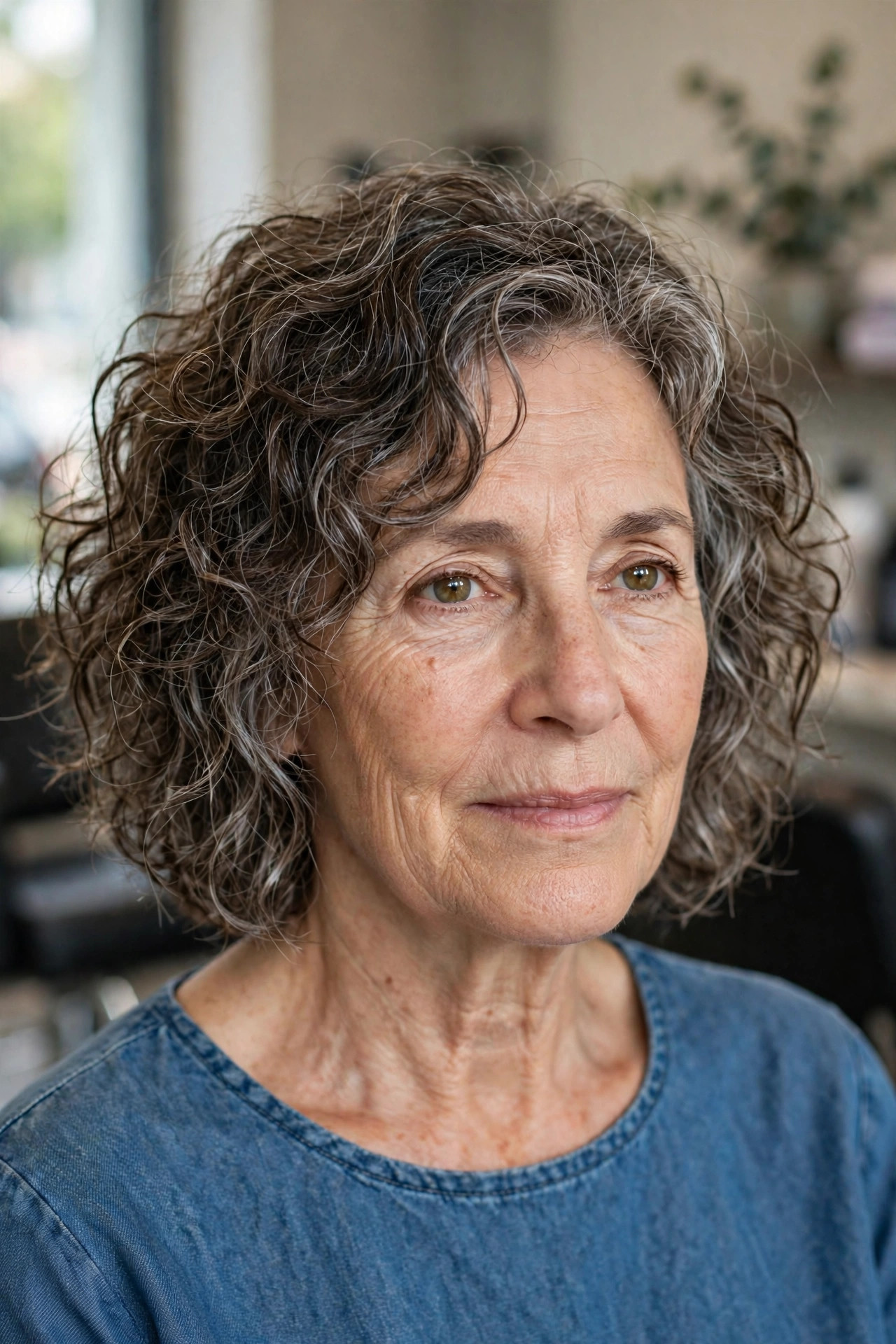 Salt-and-Pepper Shaggy Curly Bob - curly bob hairstyle for a woman over 50 with defined curls