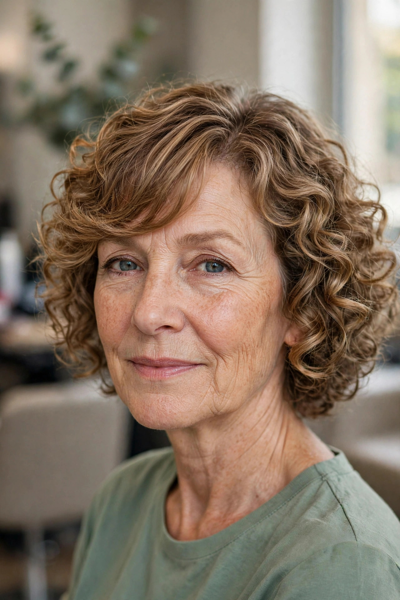 Curly Bob with Side-Swept Bangs - curly bob hairstyle for a woman over 50 with defined curls