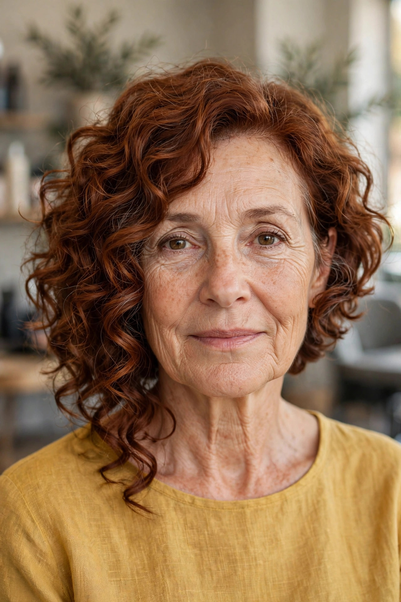 Asymmetrical Curly Bob in Auburn - curly bob hairstyle for a woman over 50 with defined curls