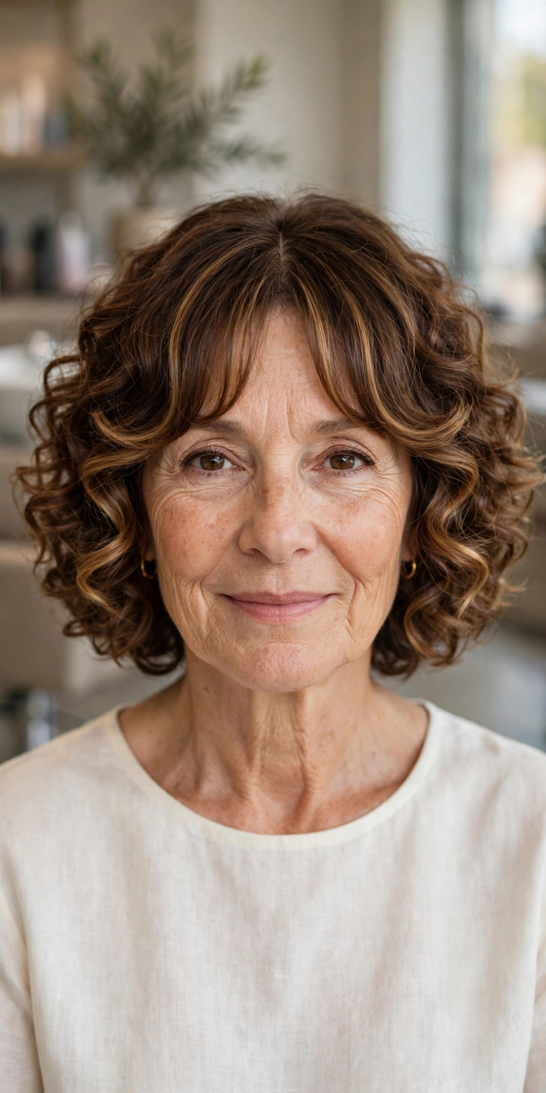 Curly Bob with Curtain Bangs - curly bob hairstyle for a woman over 50 with defined curls