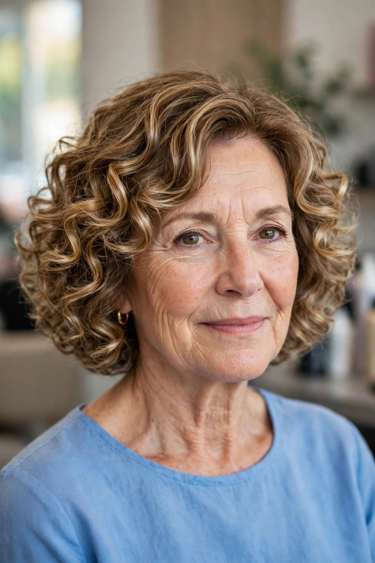 Blonde Curly Bob with Honey Highlights - curly bob hairstyle for a woman over 50 with defined curls