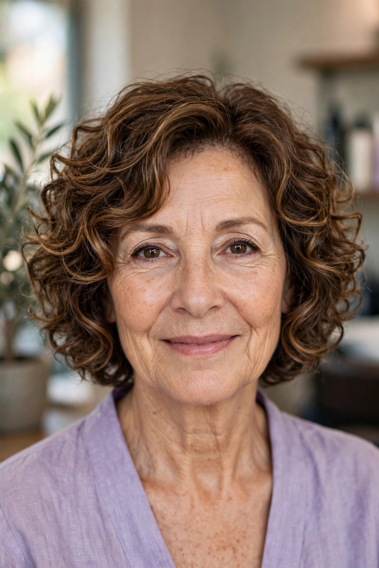 Curly Bob with Face-Framing Layers - curly bob hairstyle for a woman over 50 with defined curls