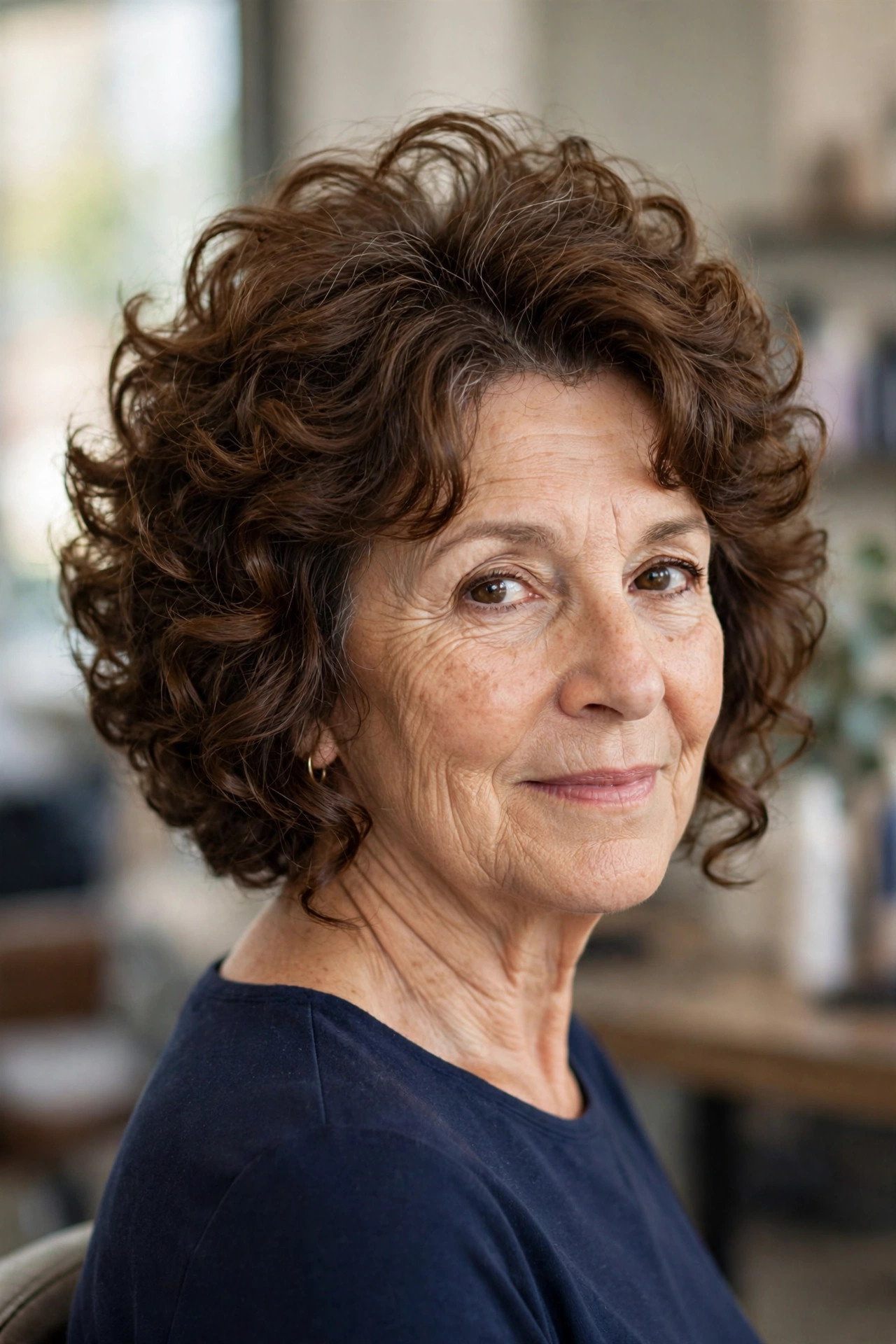 Stacked Curly Bob with Crown Lift - curly bob hairstyle for a woman over 50 with defined curls