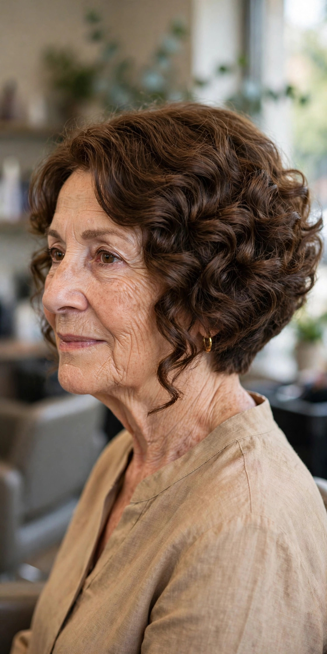 A-Line Curly Bob - curly bob hairstyle for a woman over 50 with defined curls