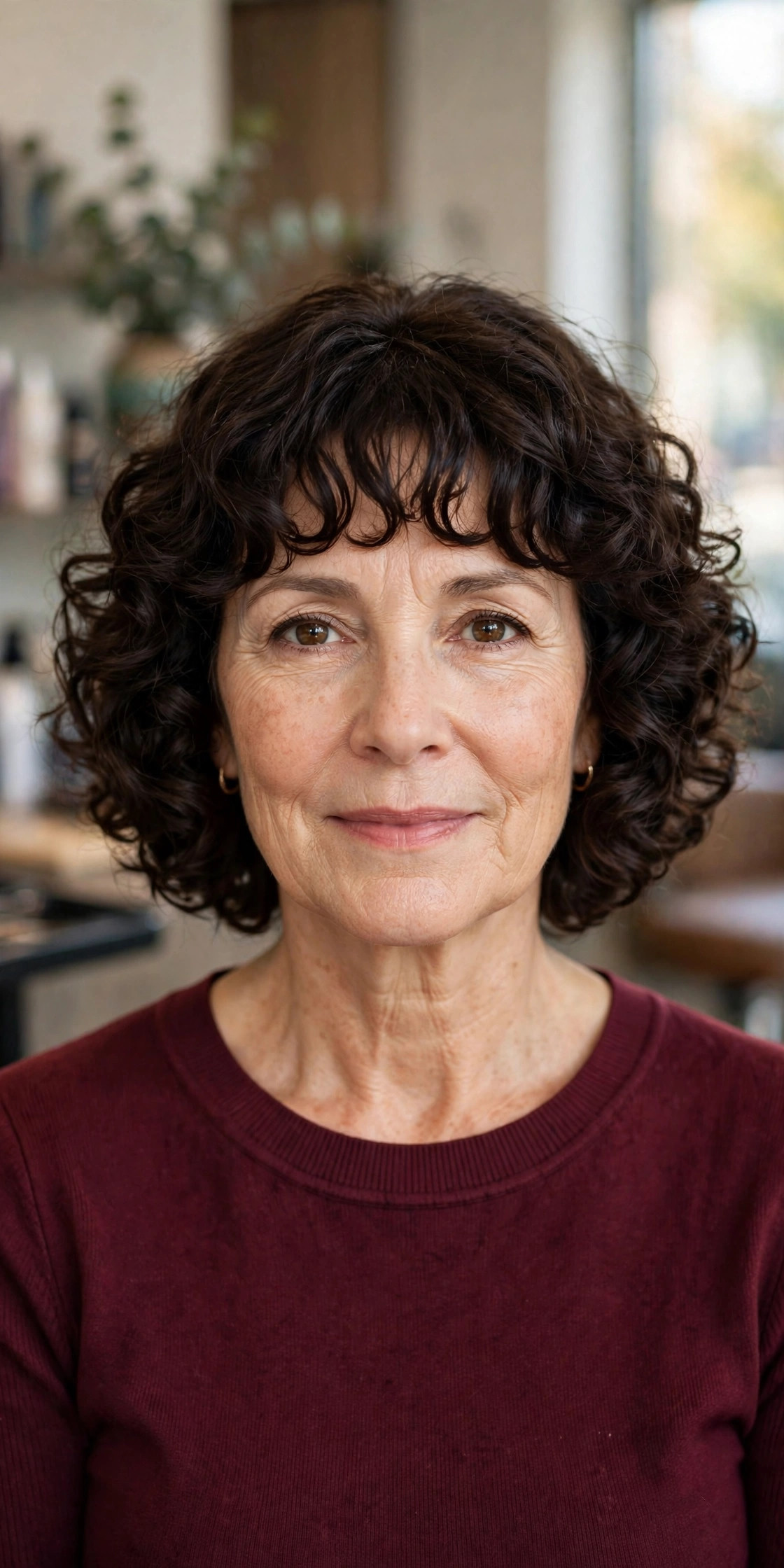 Curly Bob with Full Curly Bangs - curly bob hairstyle for a woman over 50 with defined curls