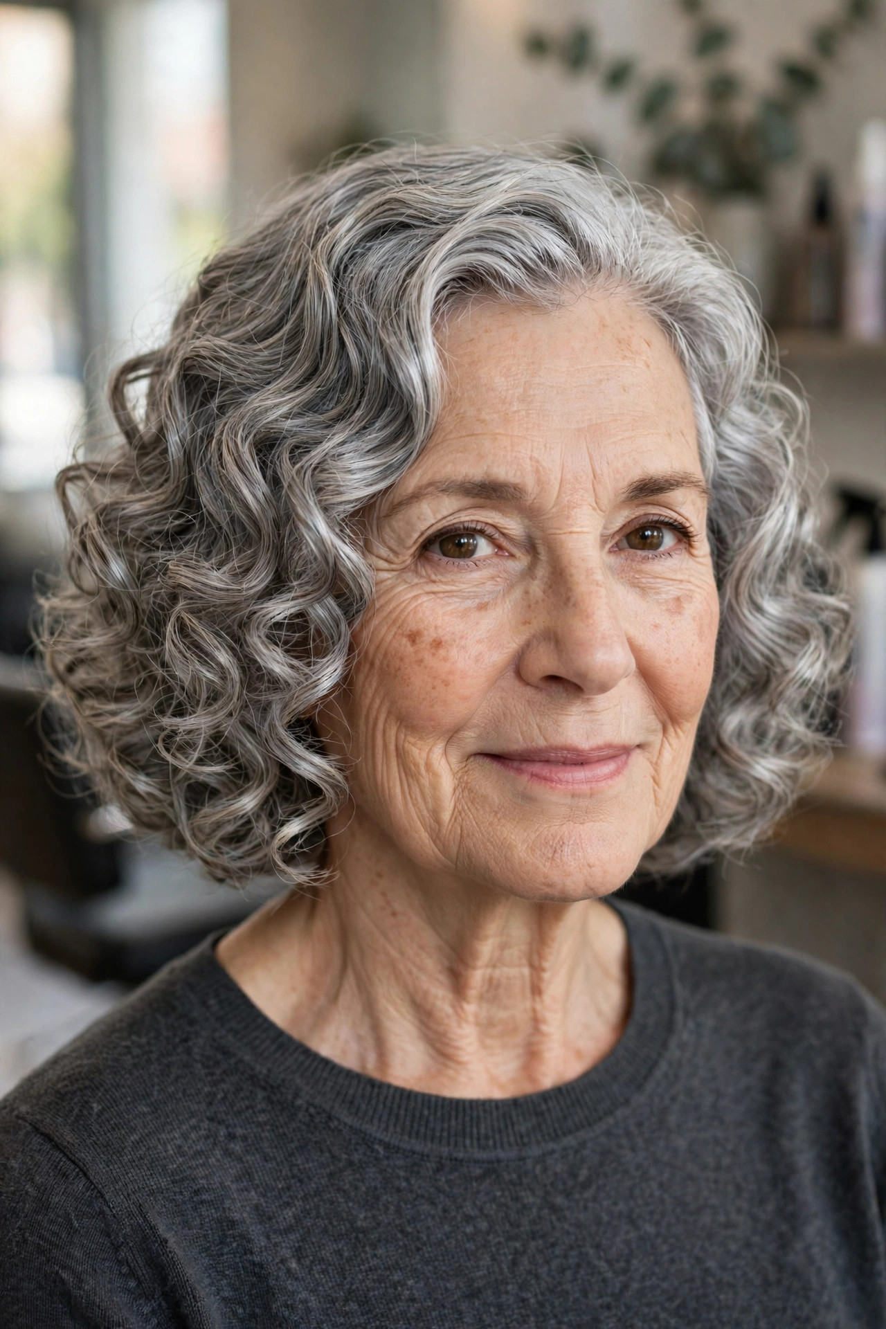 Silver Curly Bob - curly bob hairstyle for a woman over 50 with defined curls