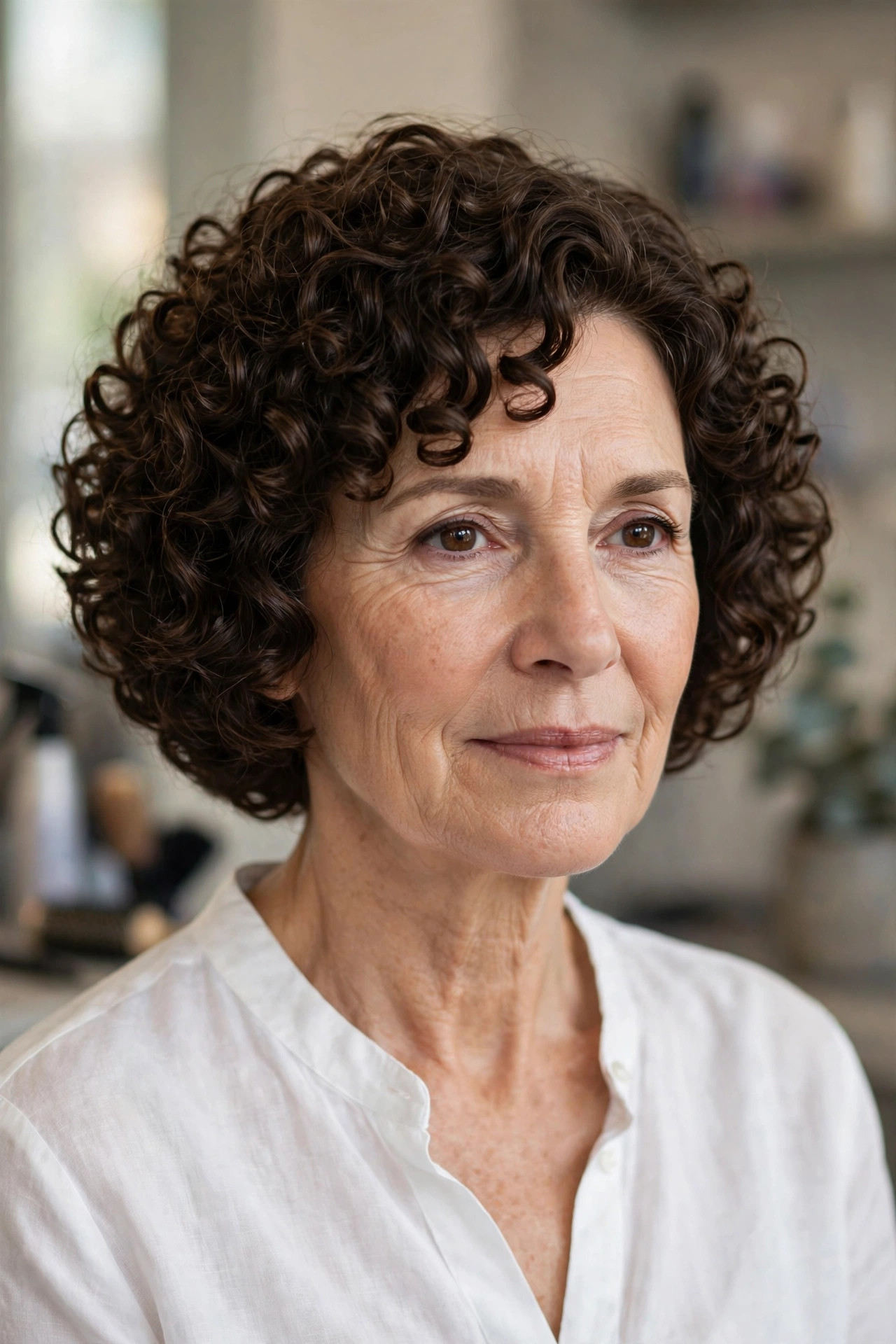 Sculpted Chin-Length Curly Bob - curly bob hairstyle for a woman over 50 with defined curls