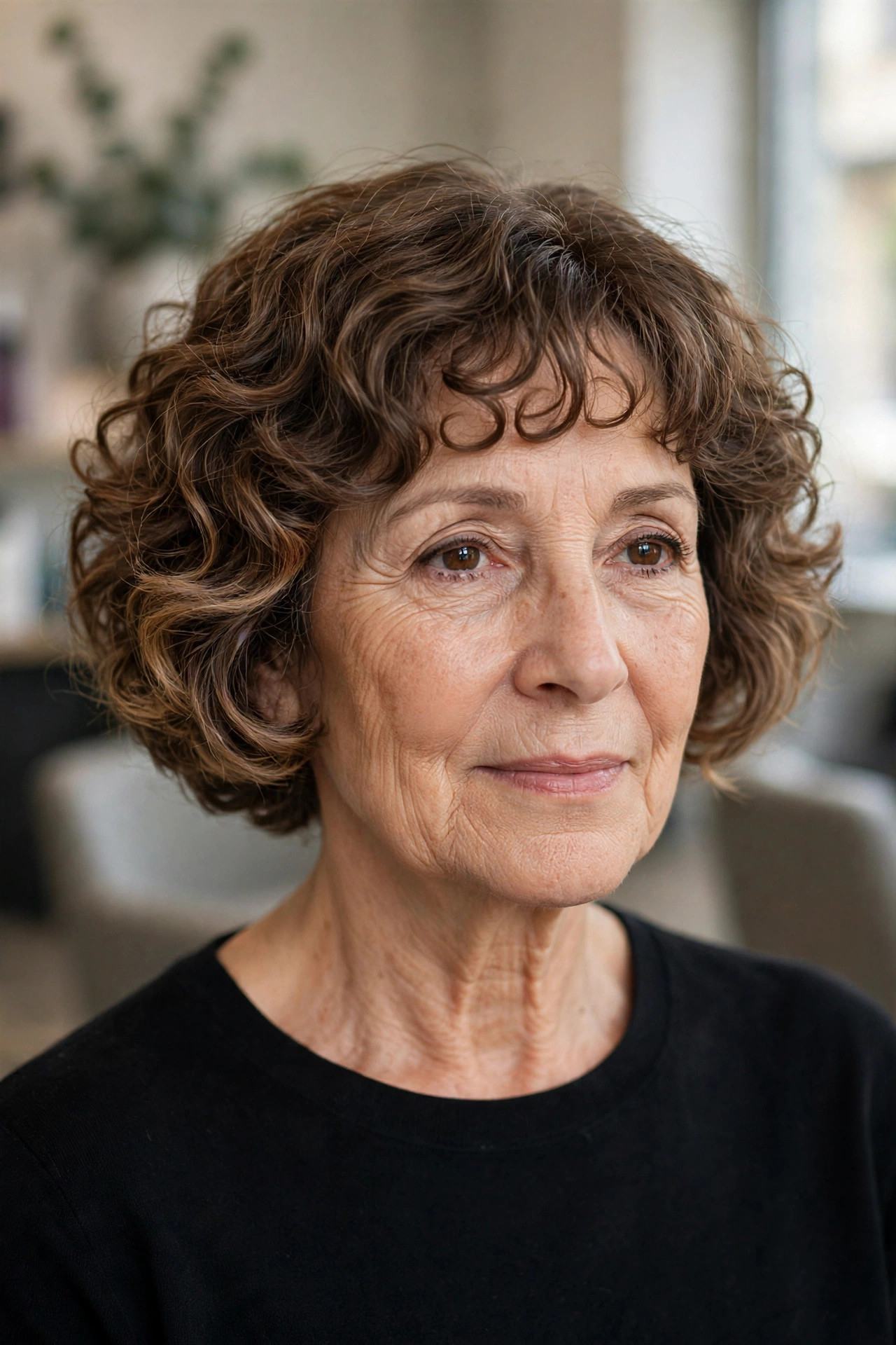 Curly French Bob - curly bob hairstyle for a woman over 50 with defined curls