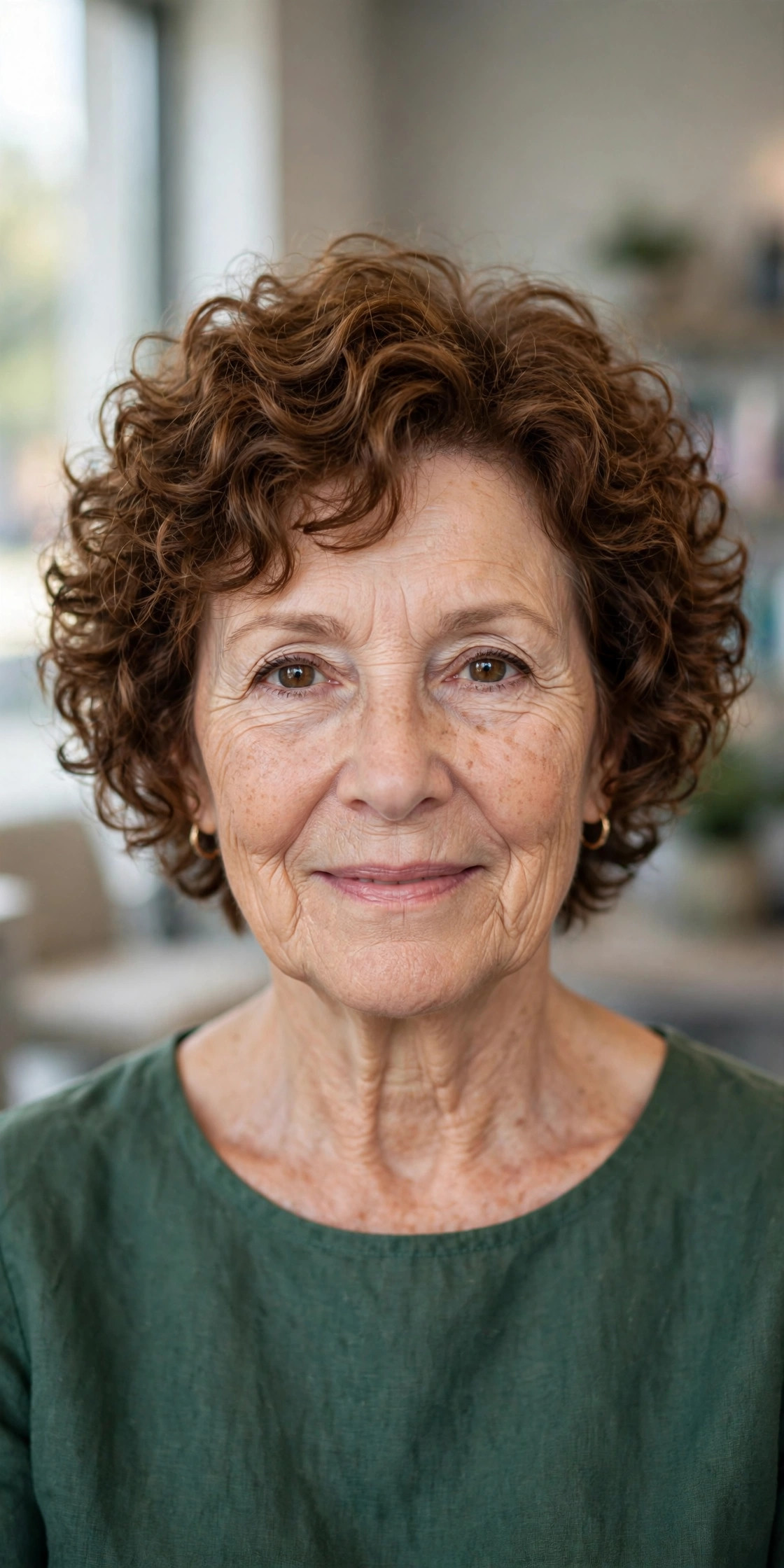 Curly Bixie in Warm Chestnut - curly hairstyle for a woman over 50 embracing natural texture