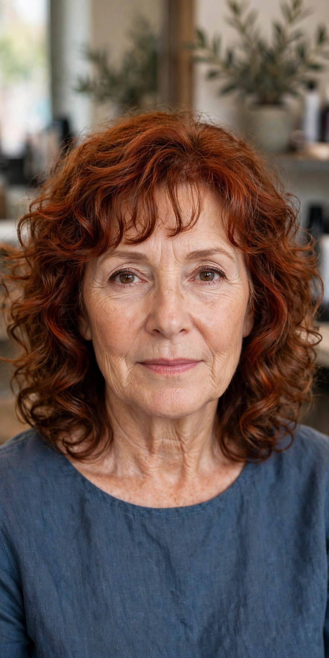 Shoulder-Length Curls with Soft Curly Bangs - curly hairstyle for a woman over 50 embracing natural texture