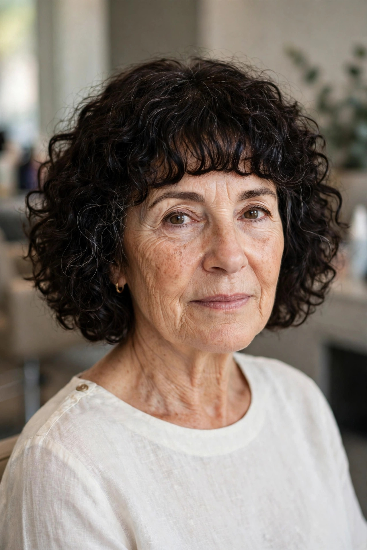 Chin-Length Curly Bob with a Full Fringe - curly hairstyle for a woman over 50 embracing natural texture