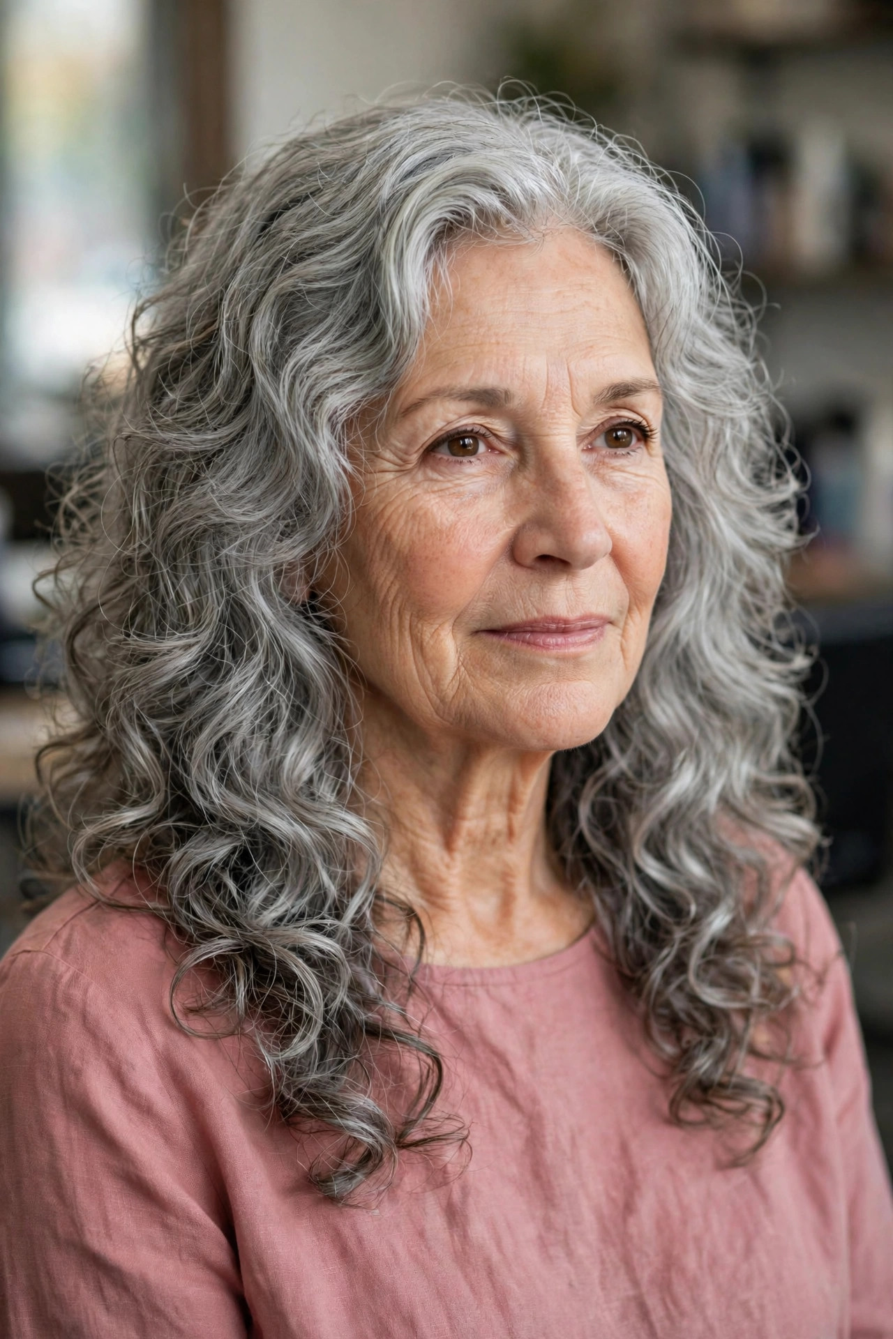 Long Silver Curls with Soft Layers - curly hairstyle for a woman over 50 embracing natural texture