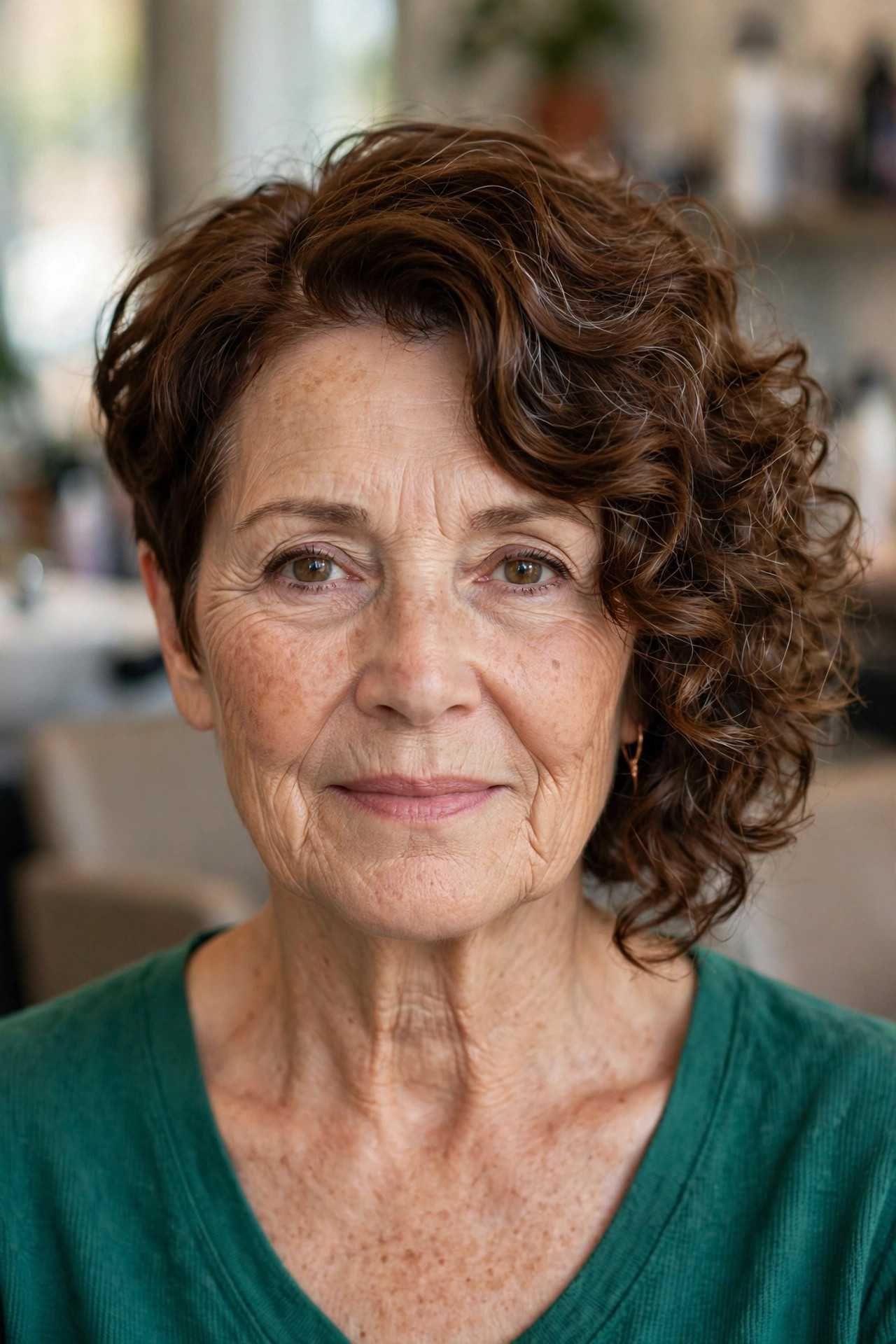 Asymmetrical Curly Bob - curly hairstyle for a woman over 50 embracing natural texture