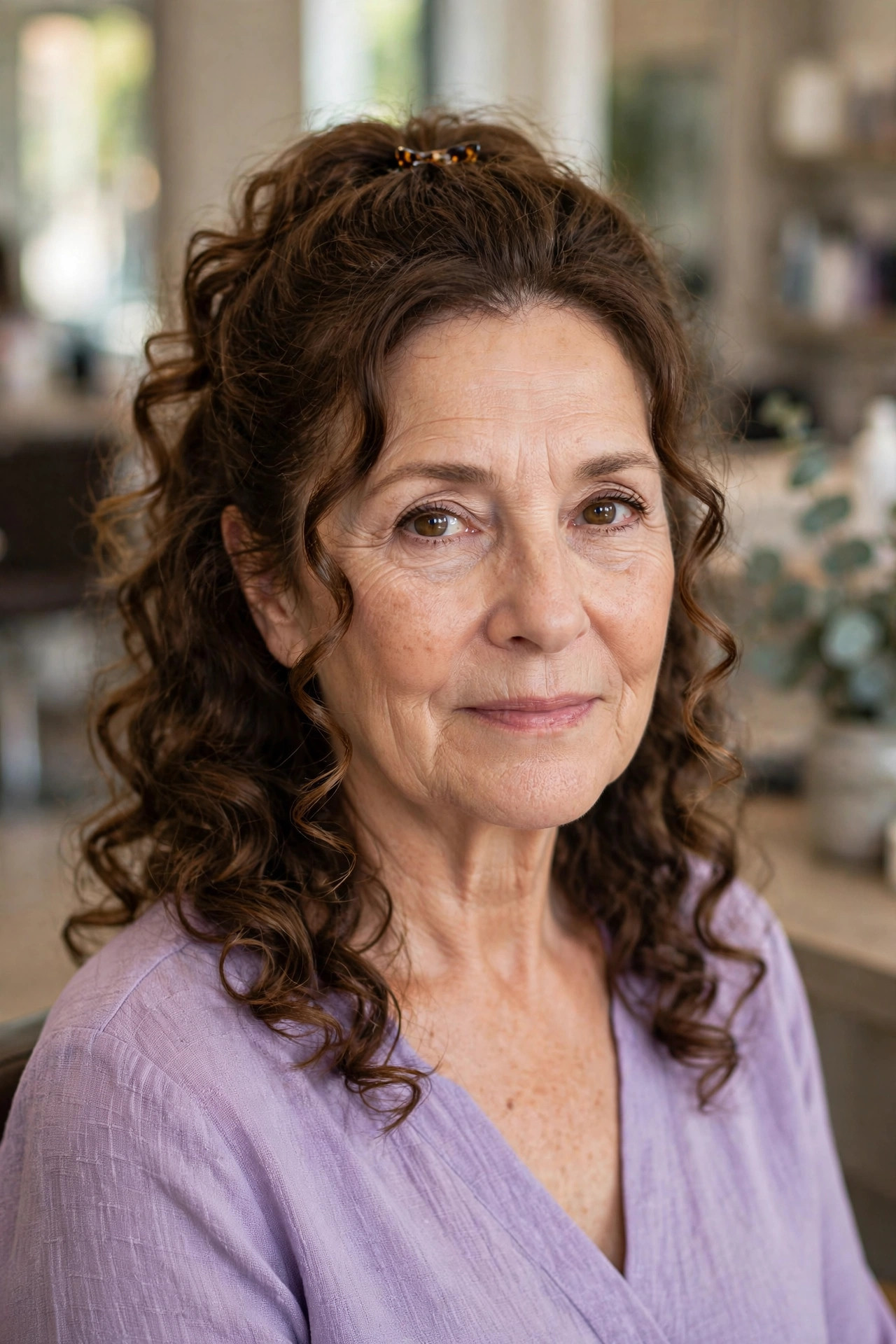 Curly Half-Up Style with Loose Tendrils - curly hairstyle for a woman over 50 embracing natural texture