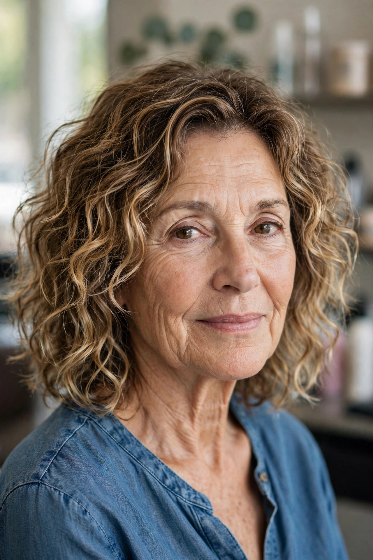 Tousled Curly Lob with Balayage - curly hairstyle for a woman over 50 embracing natural texture