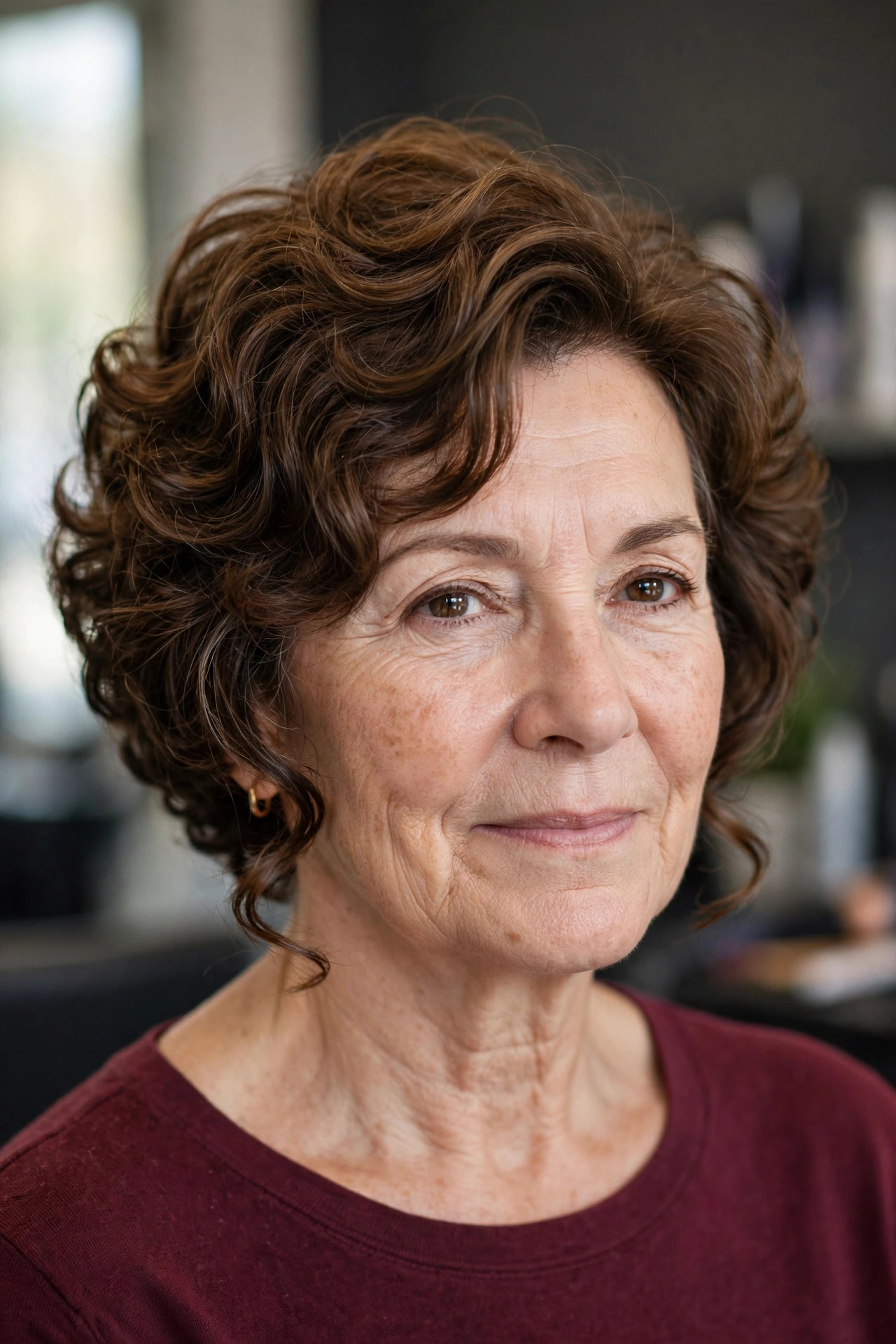 Stacked Curly Bob with a Lifted Back - curly hairstyle for a woman over 50 embracing natural texture