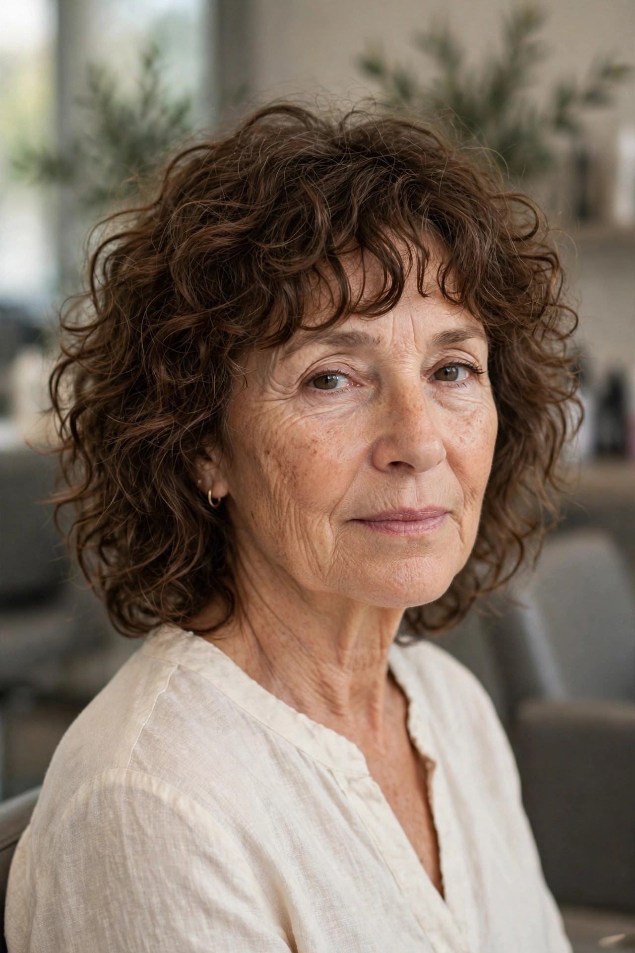 Curly Shag with a Soft Curtain Fringe - curly hairstyle for a woman over 50 embracing natural texture