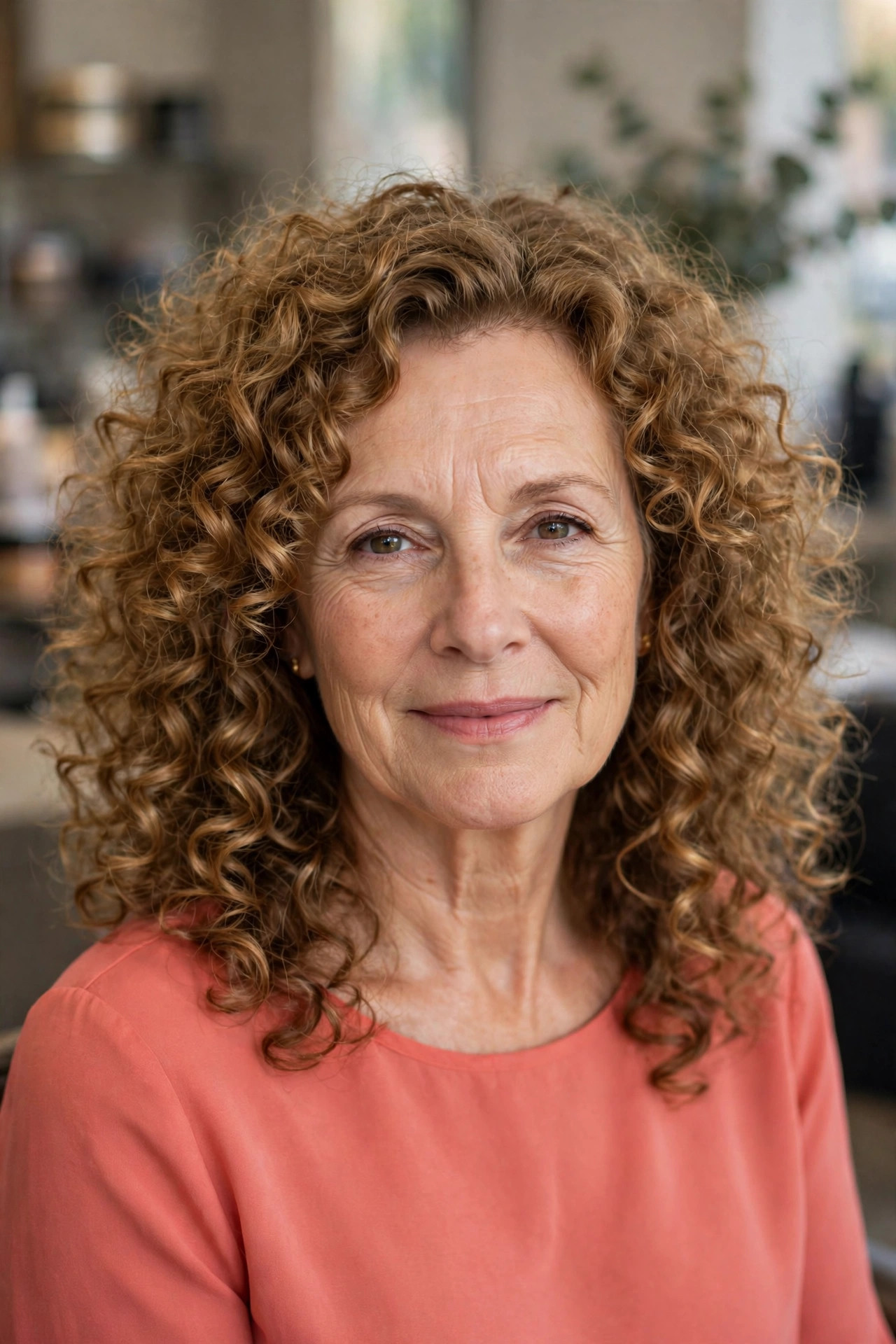 Big Bouncy Midi Curls with Diffused Volume - curly hairstyle for a woman over 50 embracing natural texture