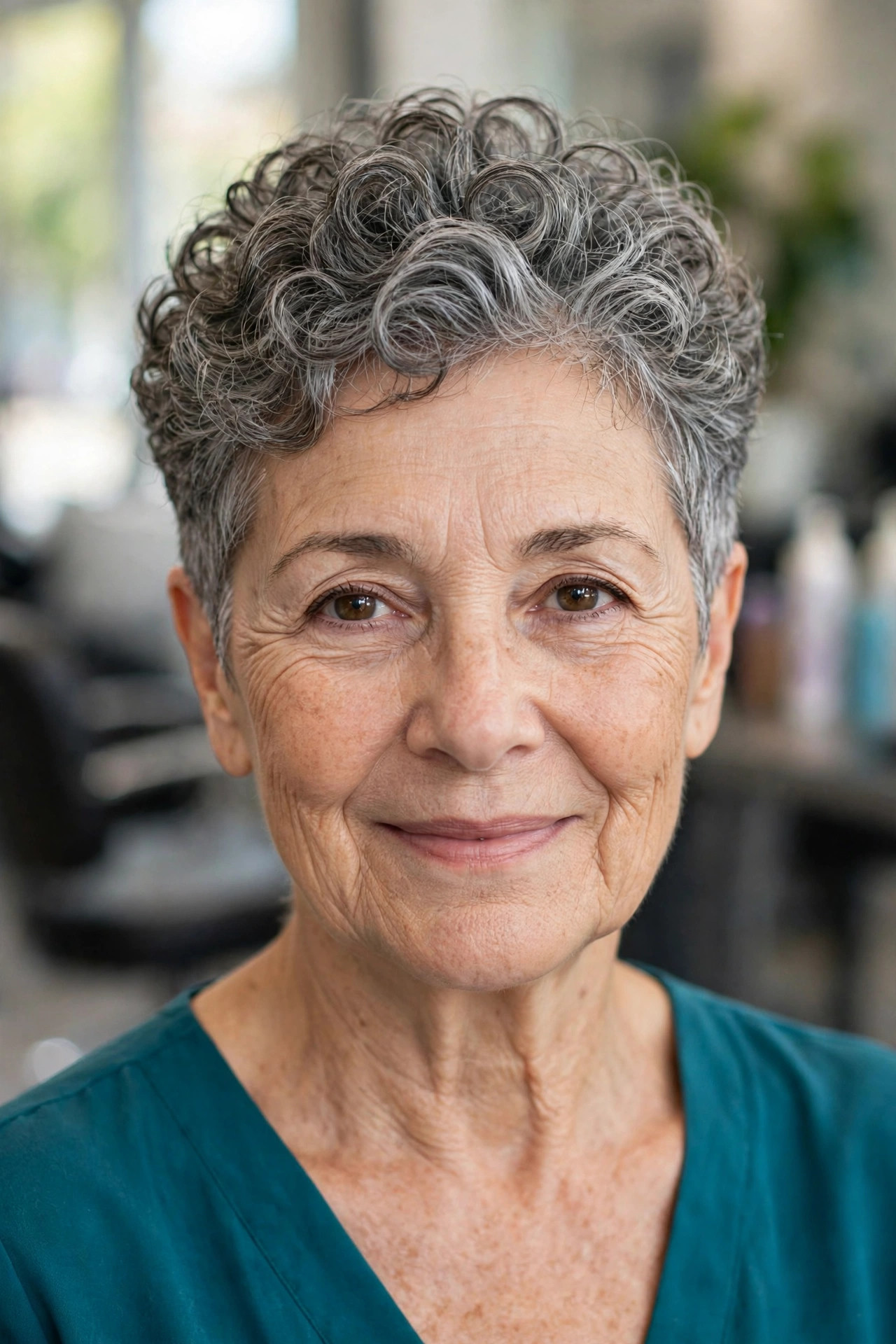Tapered Curly Pixie in Salt and Pepper - curly hairstyle for a woman over 50 embracing natural texture