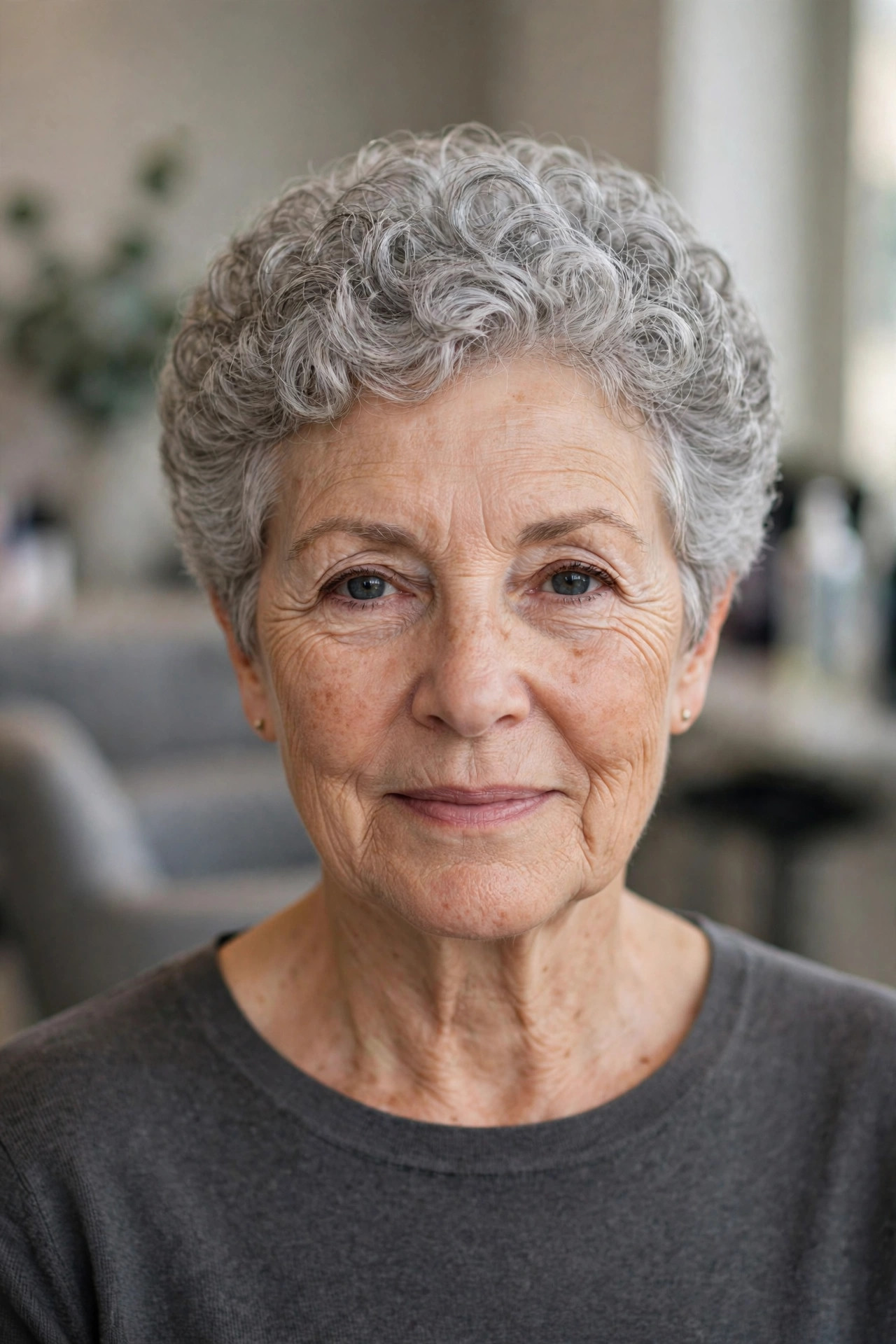 Silver Curls in a Short Rounded Crop - curly hairstyle for a woman over 50 embracing natural texture