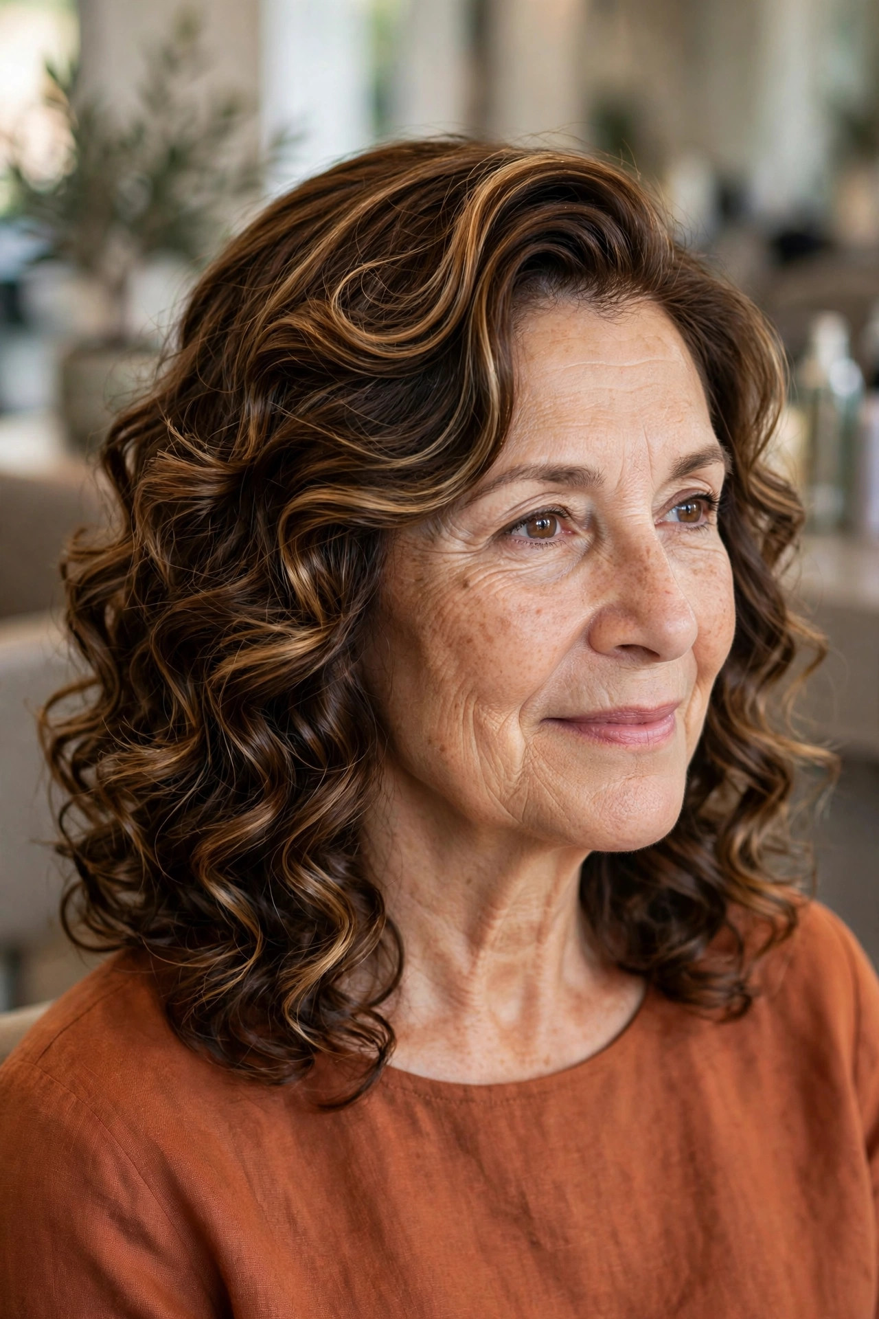 Curly Lob with a Deep Side Part - curly hairstyle for a woman over 50 embracing natural texture