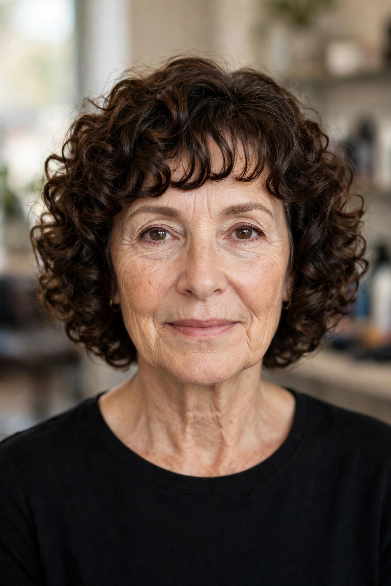 Curly French Bob with a Curly Fringe - curly hairstyle for a woman over 50 embracing natural texture