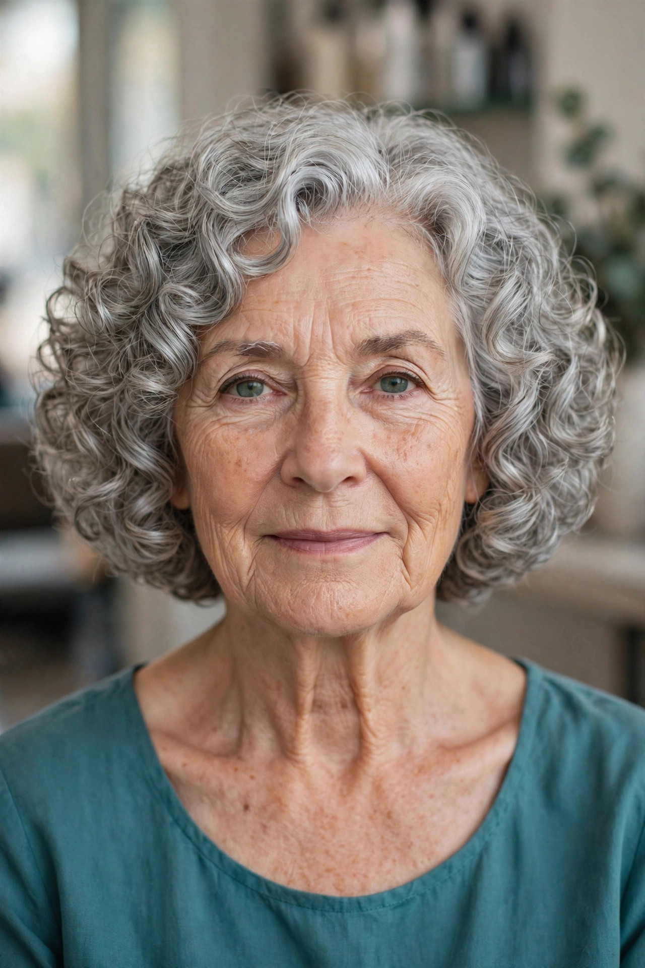 Classic Rounded Curly Bob with Silver Spirals - curly hairstyle for a woman over 60 with natural bounce