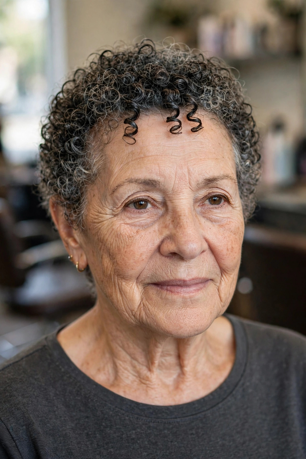 Salt-and-Pepper Coily Crop - curly hairstyle for a woman over 60 with natural bounce