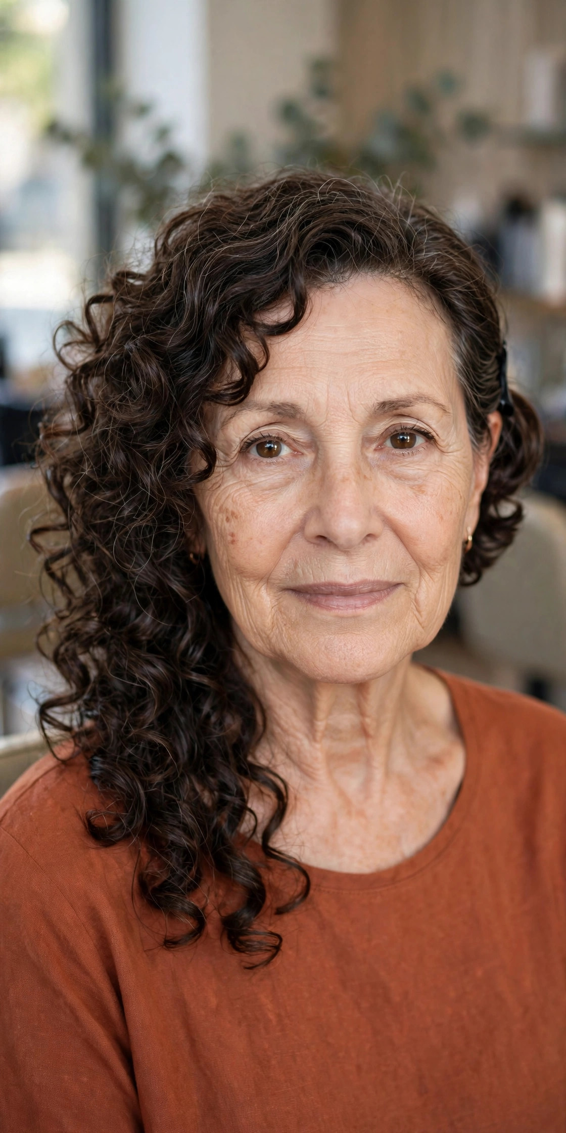 Asymmetric Curly Bob - curly hairstyle for a woman over 60 with natural bounce