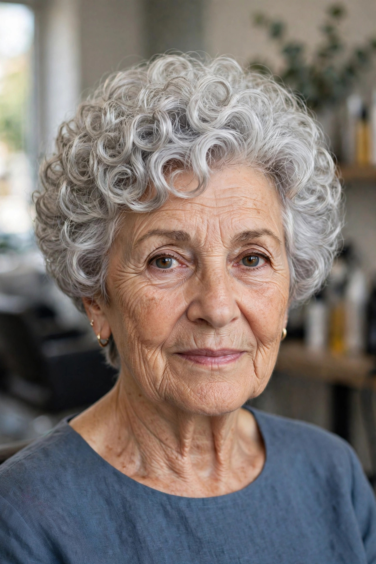 Short Stacked Curly Bob - curly hairstyle for a woman over 60 with natural bounce