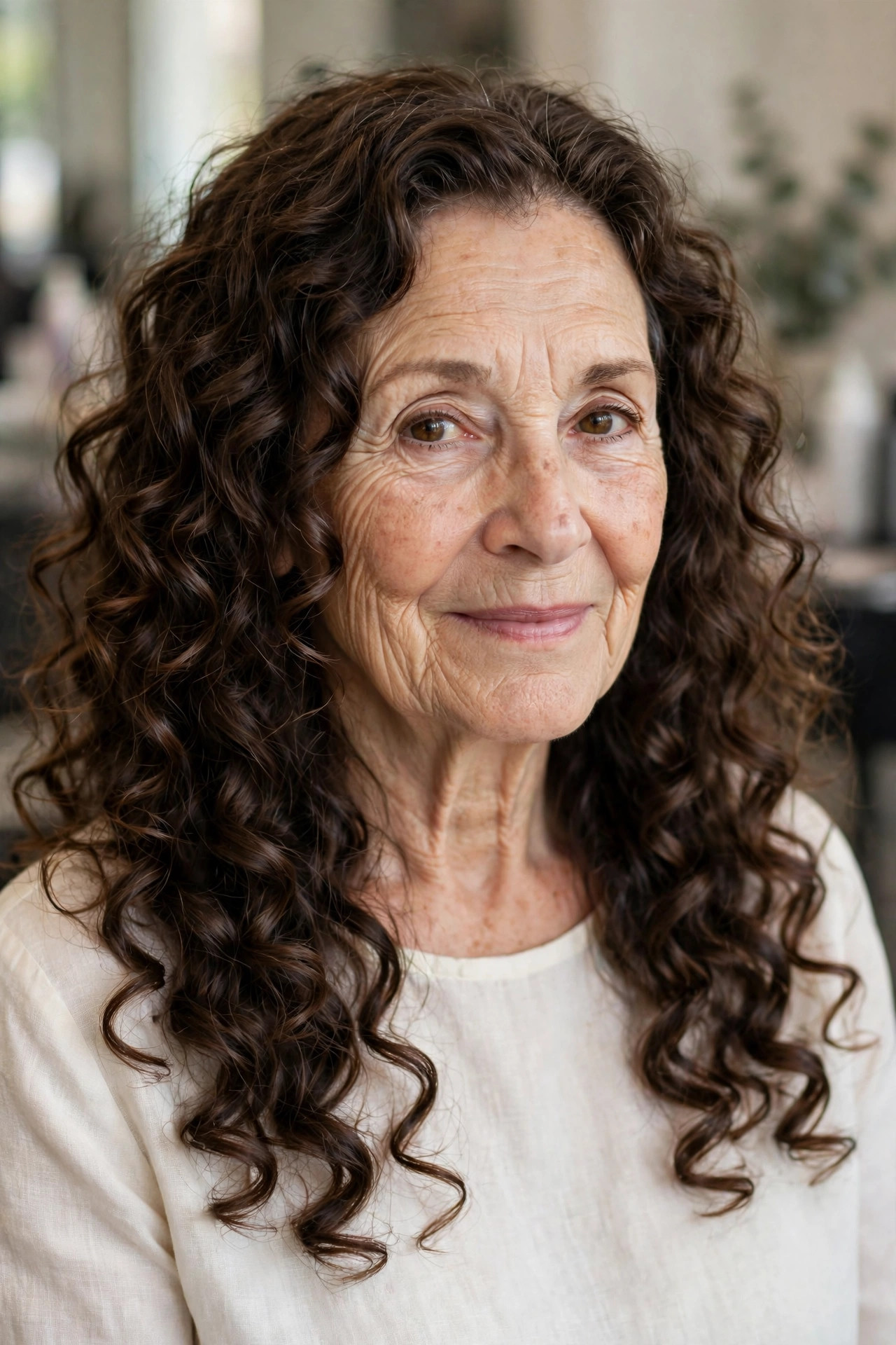 Long Curly Layers Past the Shoulders - curly hairstyle for a woman over 60 with natural bounce